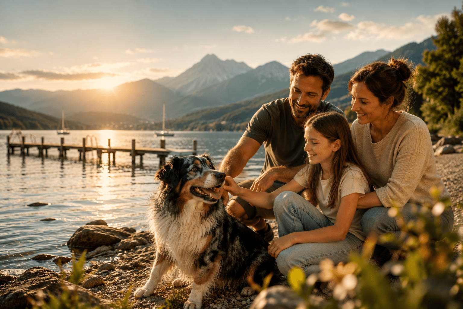 Familie mit Australian Shepherd am Wörthersee in Kärnten