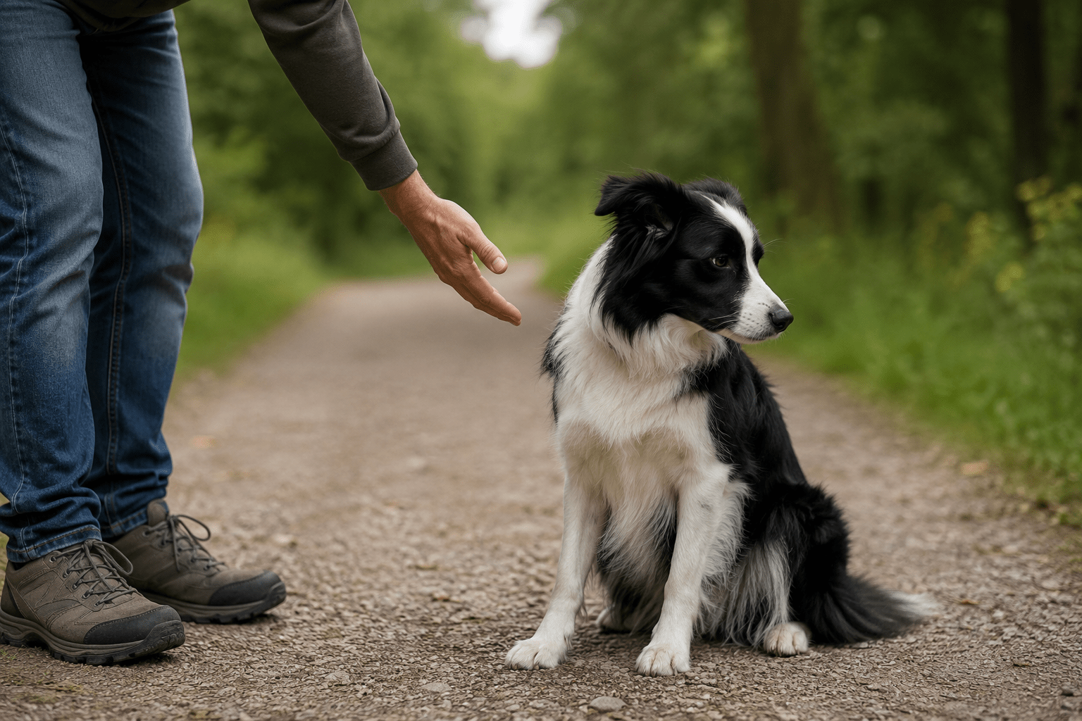 Schwarz-weißer Border Collie wendet den Kopf ab, während sich eine Hand nähert