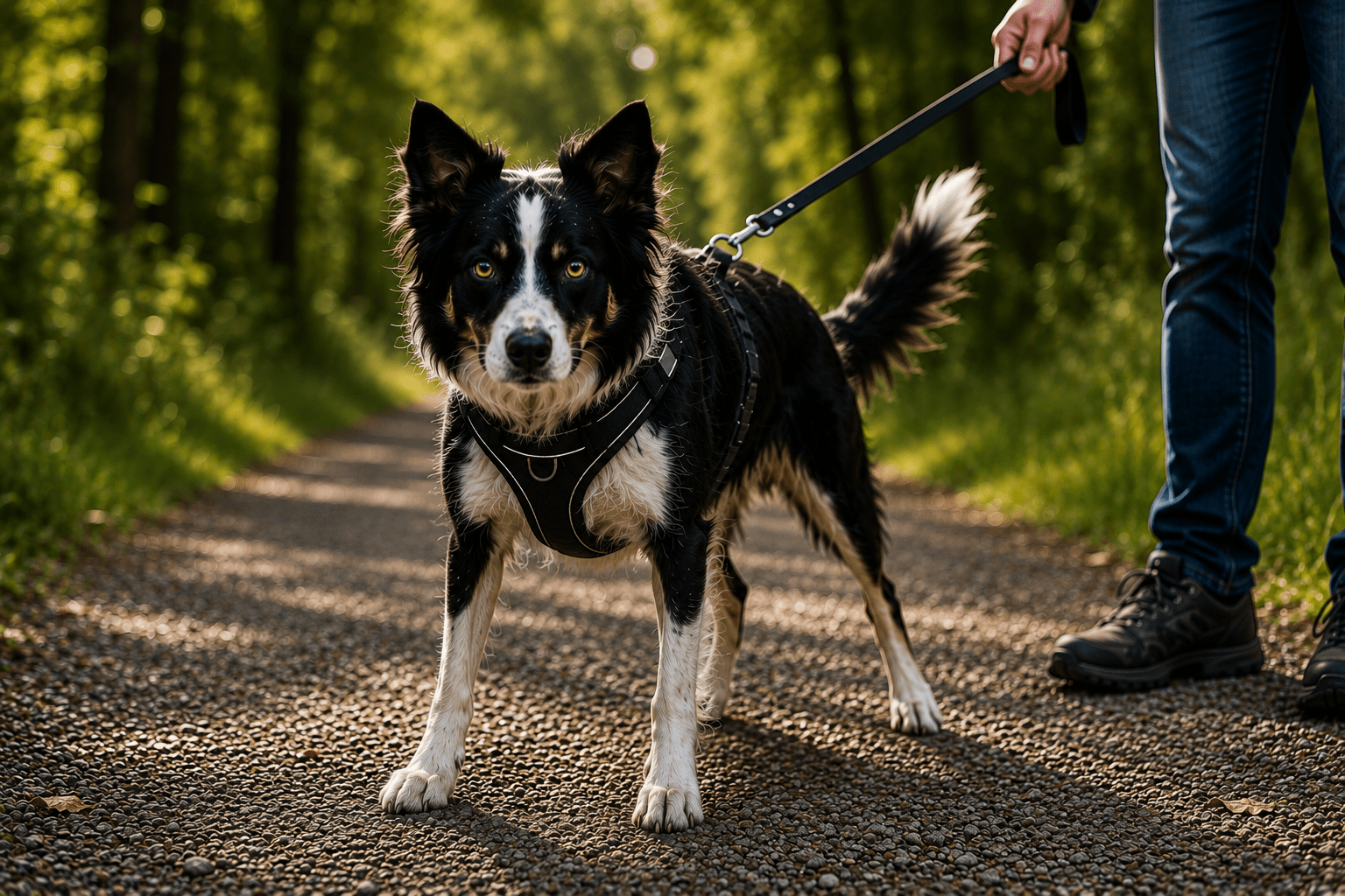 Angespannter Border Collie erstarrt im Brustgeschirr und fixiert einen Reiz